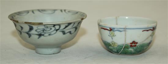A Chinese doucai cup and a Ming blue and white cup, 16th century or later, 5.5cm & 7.6cm, some damage